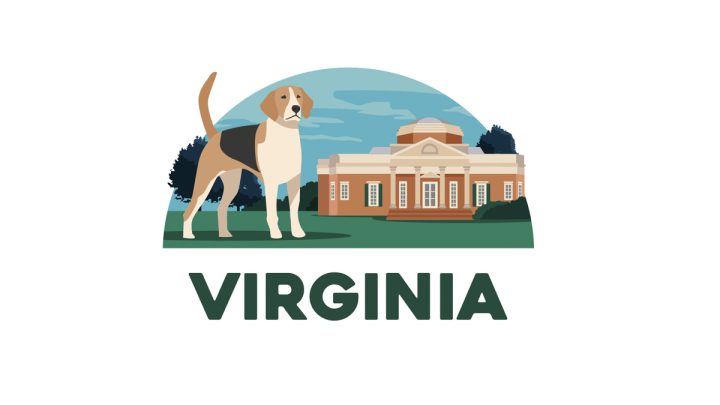 Illustration of Virginia's state animal - American Foxhound in front of Thomas Jefferson Monticello in the background