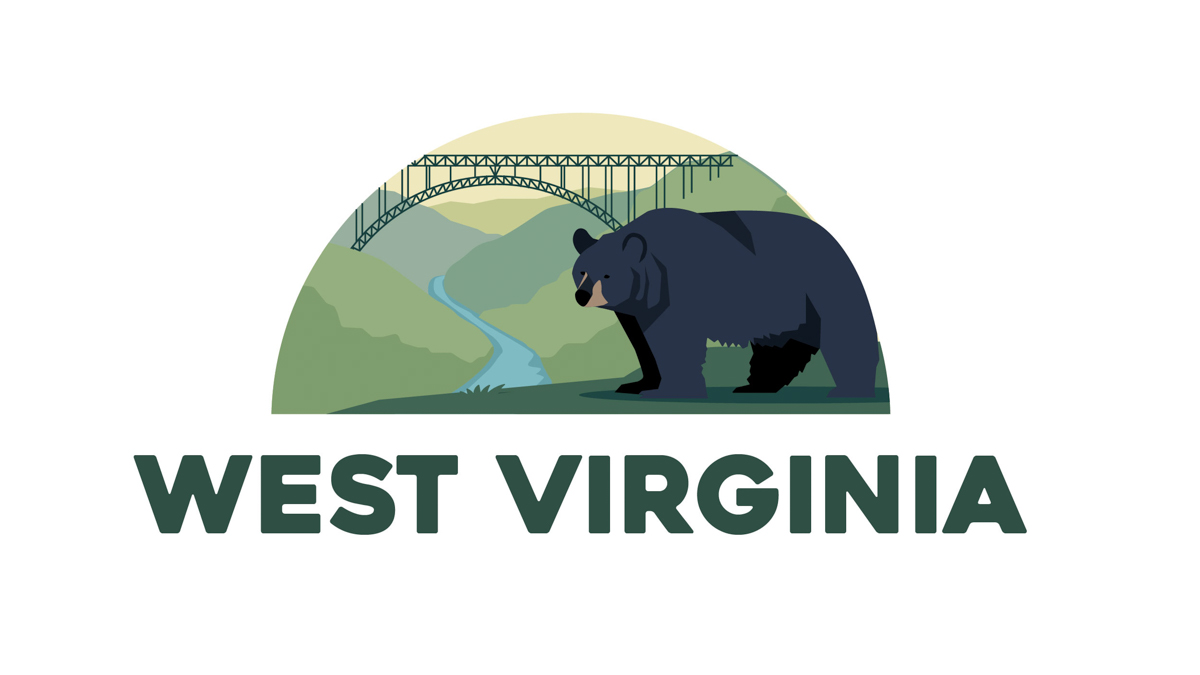 Illustration of West Virginia's state animal - a black bear with New River Gorge bridge in the back