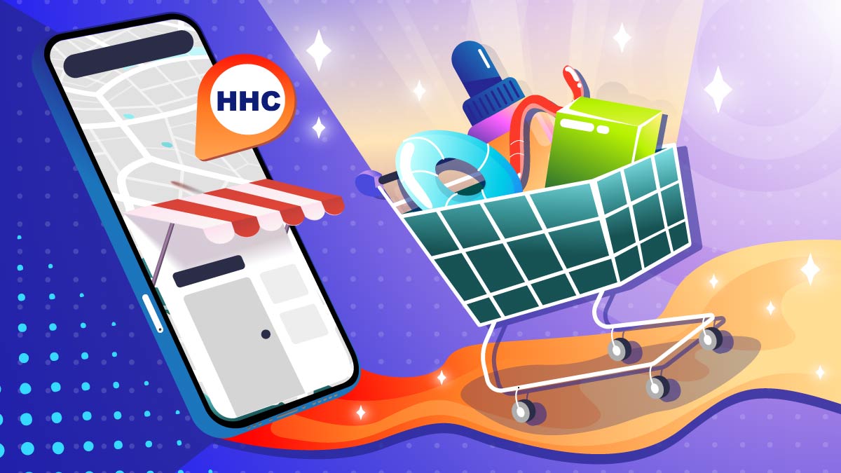 Illustration of HHC products in a shopping cart next to a phone.
