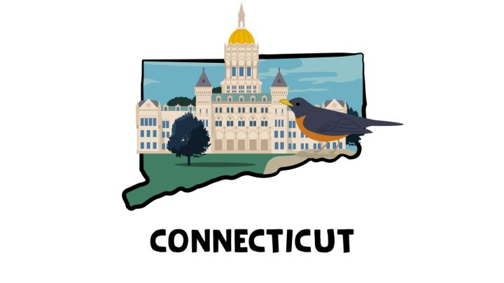 Illustration of Connecticut State Capitol and American Robin bird