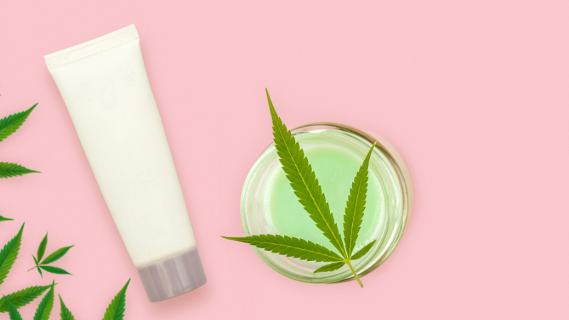 CBD cream in a jar and in a tube with some hemp leaves on pink background