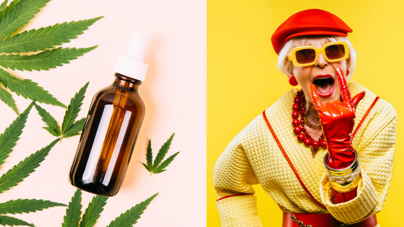 CBD oil with hemp leaves and an elderly woman in color clothes