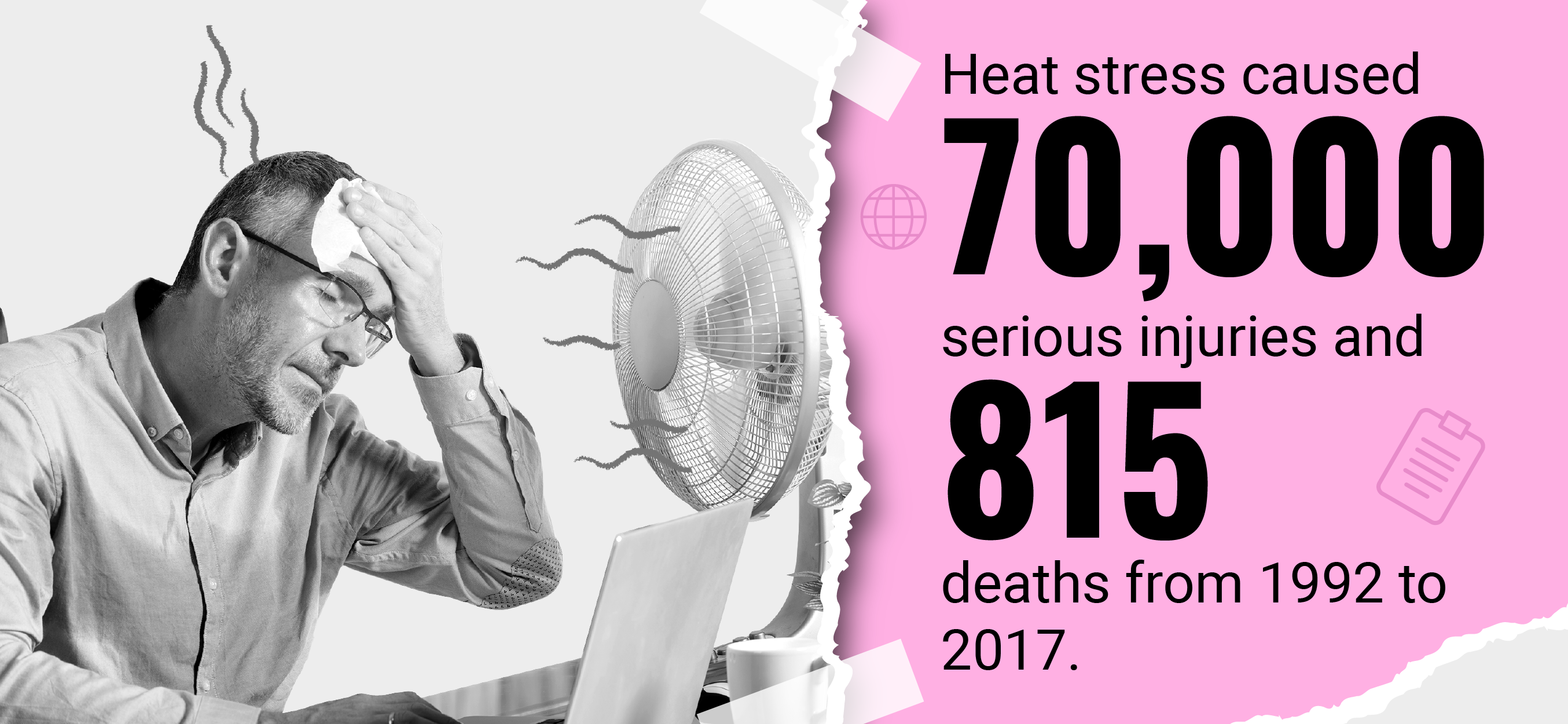 Call out text box saying heat stress caused 70,000 serious injuries and 815 deaths from 1992 to 2017.