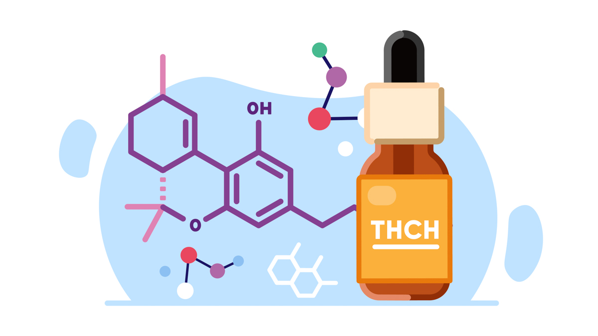 Illustration of THC-H chemical structure and oil bottle