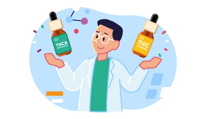 Illustration of a scientist holding THCA and THC bottles