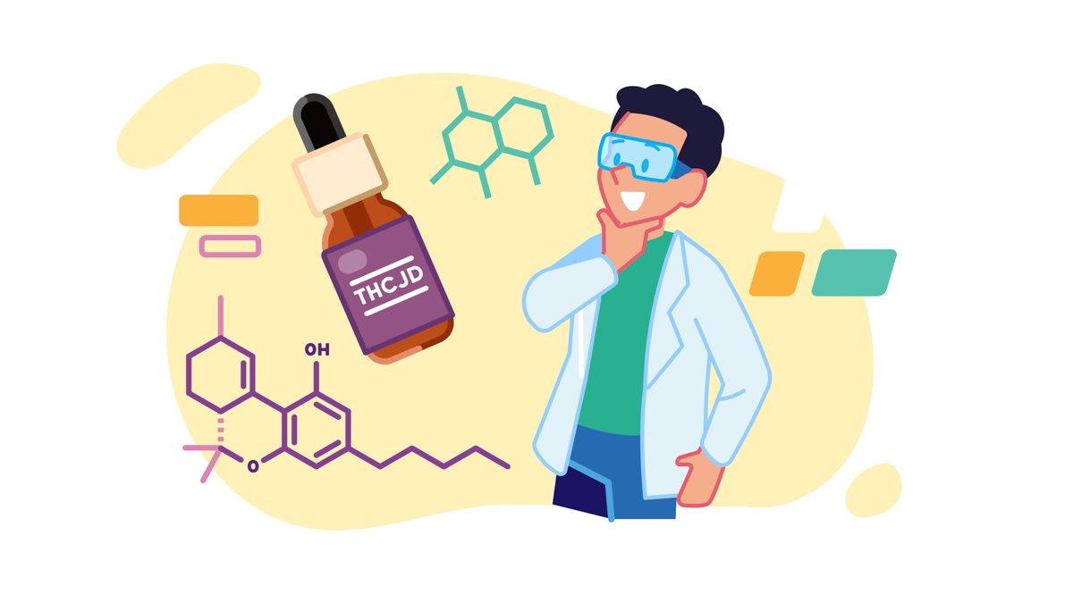 Illustration of a scientist with THC-jd bottle