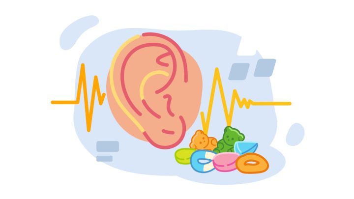 Illustration of tinnitus ear and CBD gummies