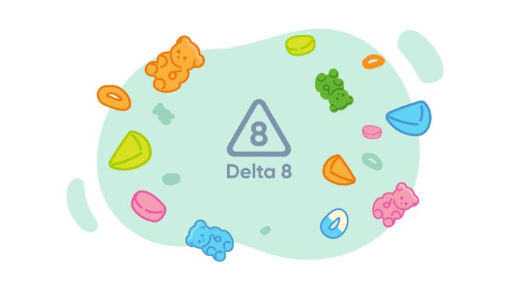 Illustration of Delta 8 THC symbol and gummies