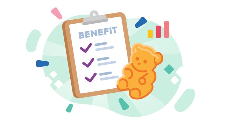 Illustration of CBD gummies bear and list of benefits