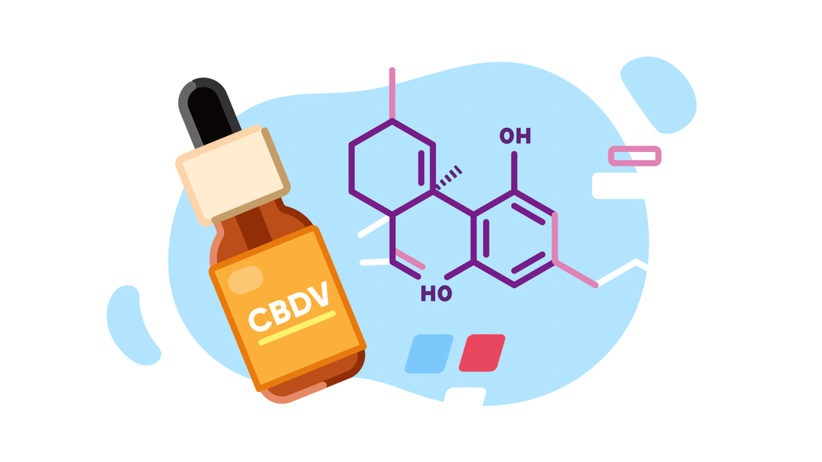 Illustration of CBDv chemical structure and bottle