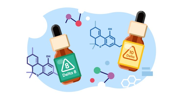 Illustration of Delta 8 and DElta 10 tincture bottles with their chemical structures