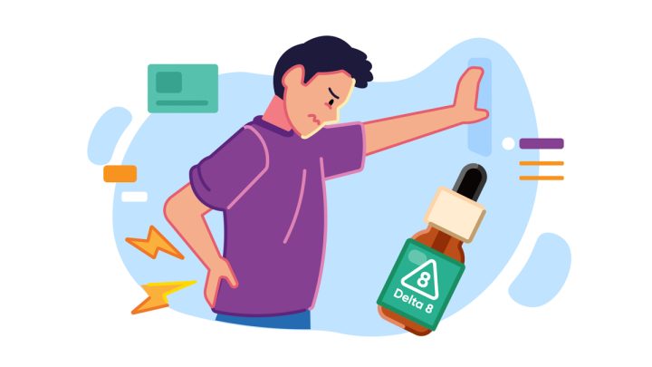 Illustration of a person having lower back pain with Delta 8 THC tincture bottle