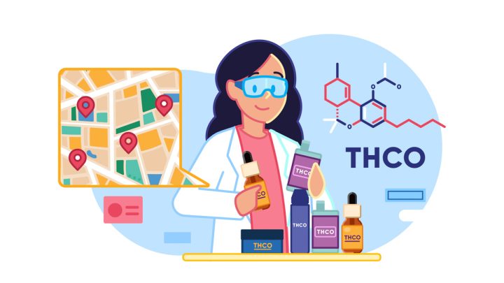Illustration of a scientist with THC-O products