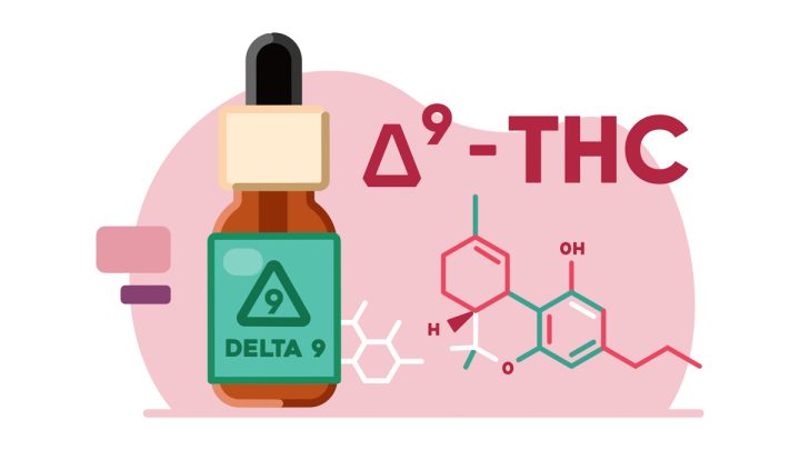 Illustration of Delta 9 THC chemical structure and oil bottle