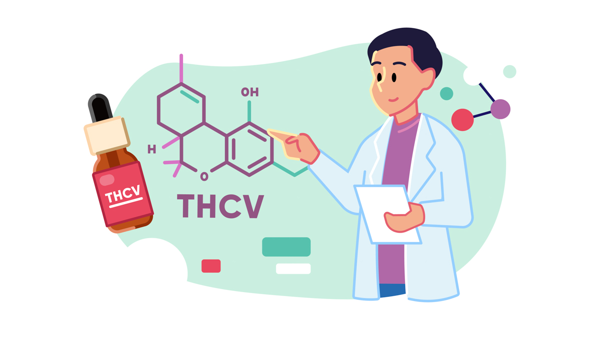 Illustration of a scientist with THCv chemical structure