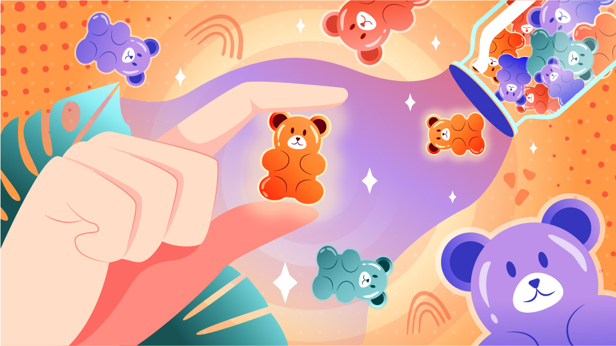 Illustration of a hand holding gummies bear