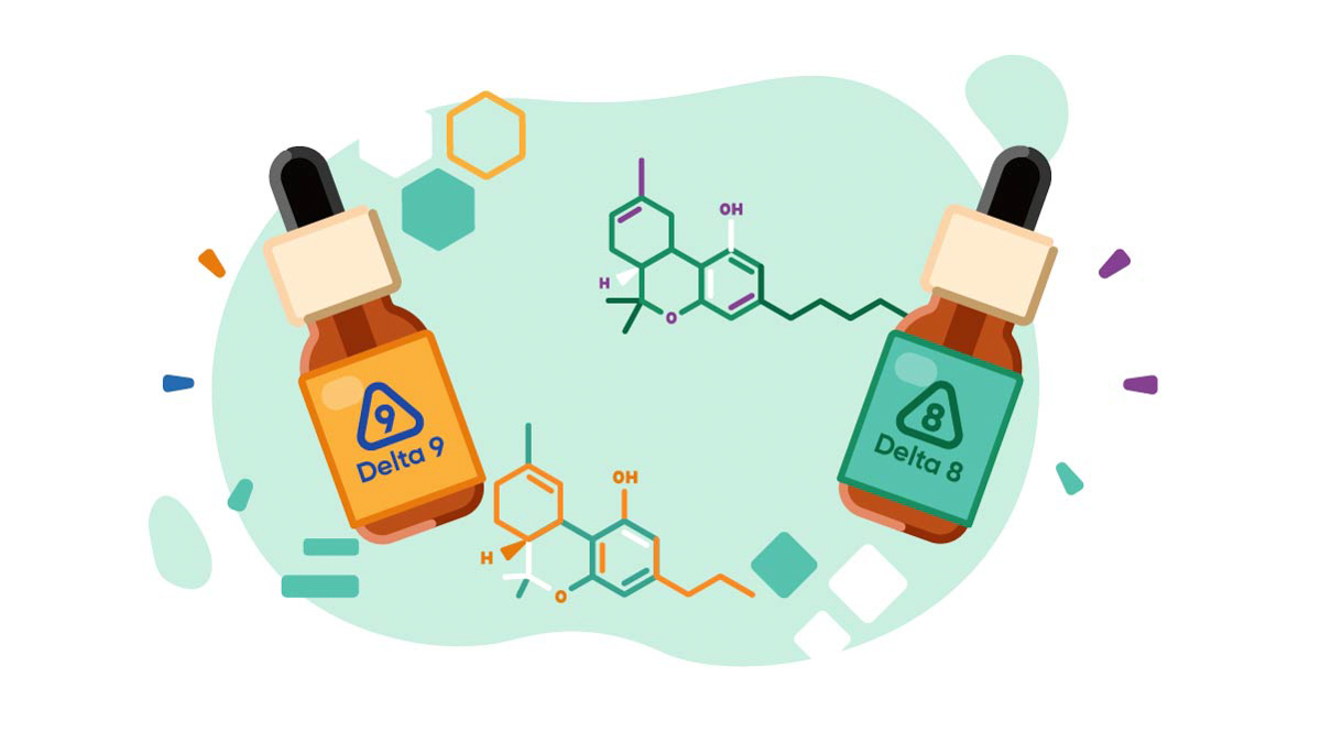 Illustration of Delta 9 THC oil bottle VS. Delta 8 THC with their chemical structures
