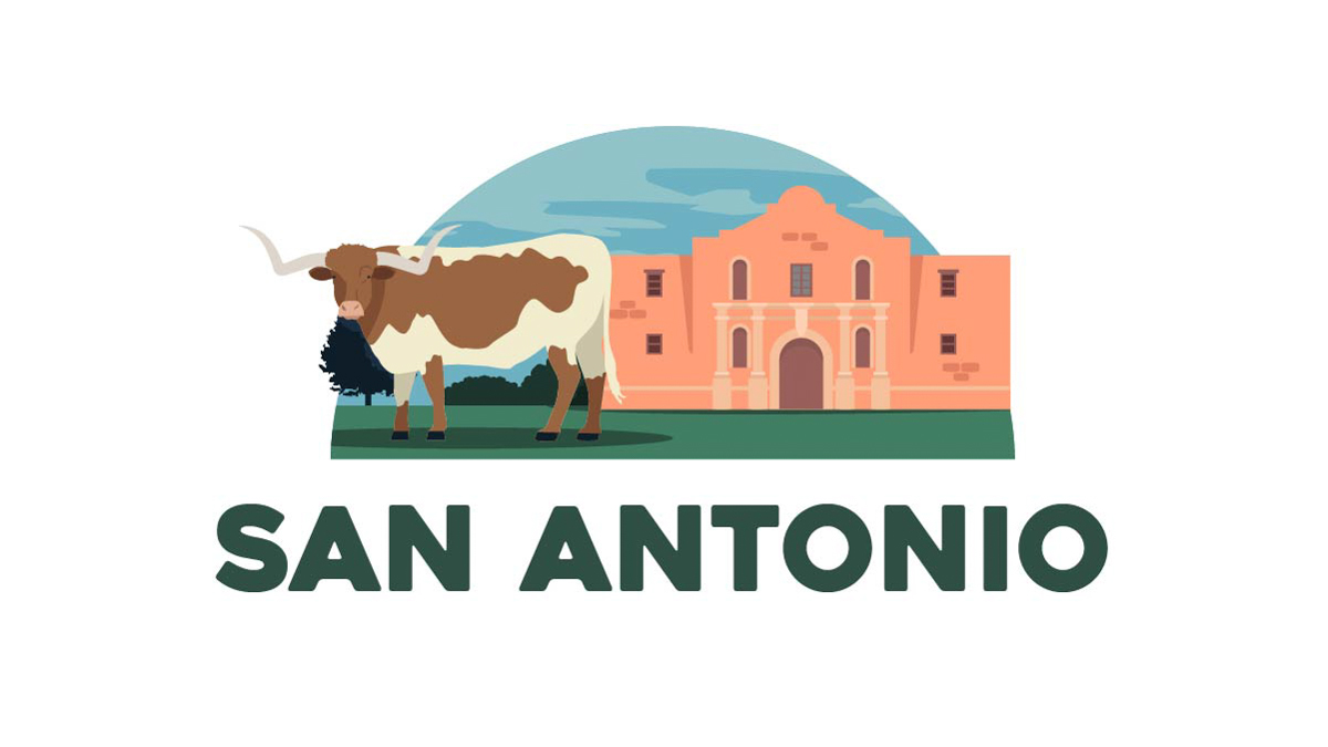 Illustration of a Texas longhorn bull in front of the Alamo in San Antonio