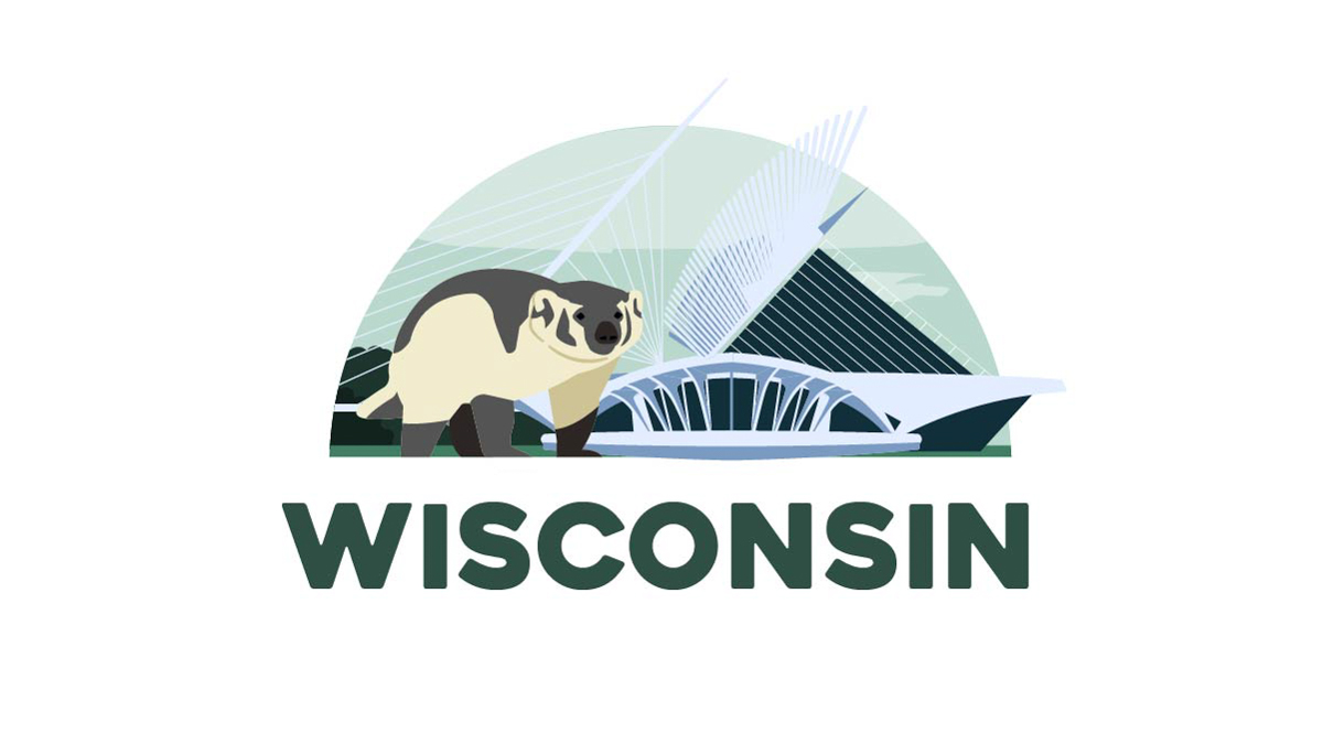 Illustration of Wisconsin badger in front of Milwaukee Art Museum